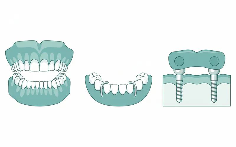 A diagram illustrating the different types of dentures: a full upper denture, a lower partial denture with clasps, and an example of an implant-supported overdenture (snap-in denture) showing the implants in the jawbone.