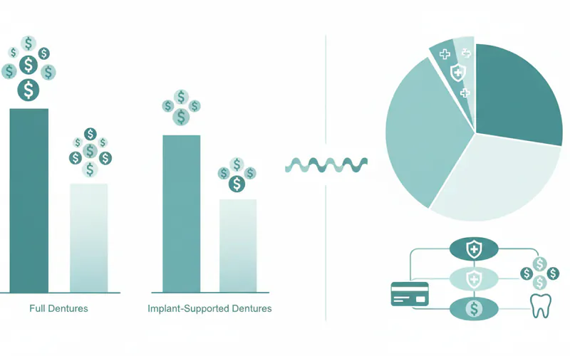 A visually appealing infographic showing a breakdown of average denture costs for different types, contrasting prices with and without insurance/Medicaid, perhaps using dollar signs or bar graphs.