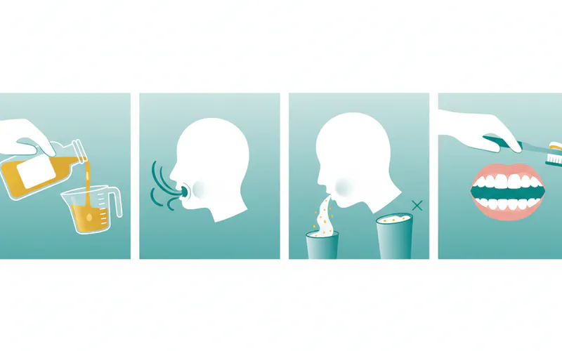 A step-by-step visual guide to oil pulling, showing a person measuring oil, swishing it, and then spitting it into a trash can, followed by brushing.