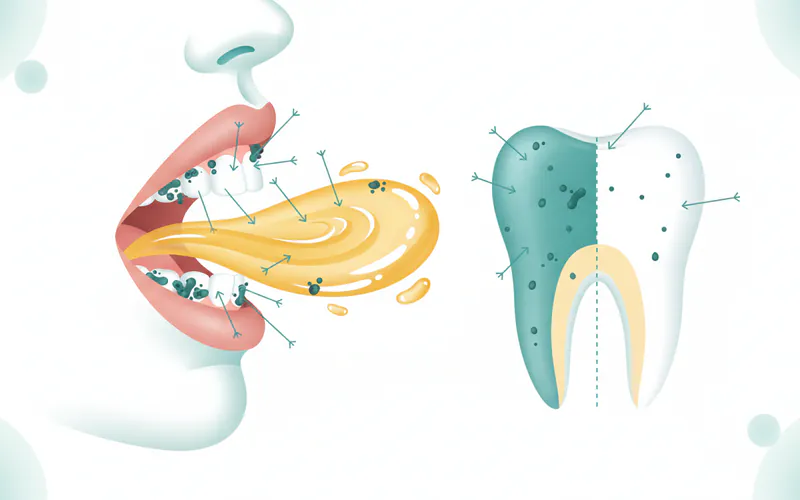 A stylized illustration depicting oil pulling in action, showing a mouth with oil being swished, and small arrows pointing from bacteria/plaque towards the oil, symbolizing the "pulling" effect. Include a cross-section of a tooth showing plaque reduction.