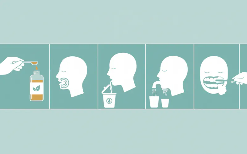 A numbered step-by-step infographic showing a person performing oil pulling: 1. Measuring oil; 2. Swishing gently; 3. Spitting into a trash can; 4. Rinsing mouth; 5. Brushing teeth.