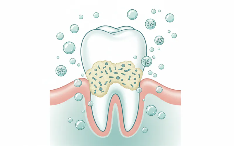 A cross-section of a tooth and gum, illustrating plaque accumulation near the gum line, and how oil pulling (represented by oil droplets) can help dislodge and bind to bacteria in the oral cavity.