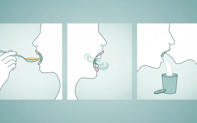 A three-panel infographic showing the oil pulling process: 1) Person putting a spoonful of oil in their mouth, 2) Person gently swishing the oil (depicting oil moving around teeth and gums), 3) Person spitting the milky oil into a trash can.