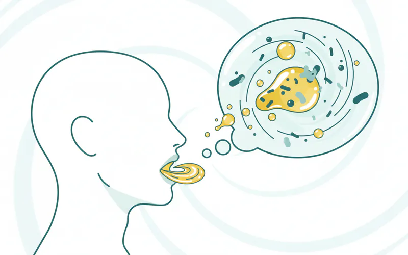 Illustration showing a person swishing oil in their mouth, with a thought bubble depicting bacteria and debris being "pulled" into the oil.