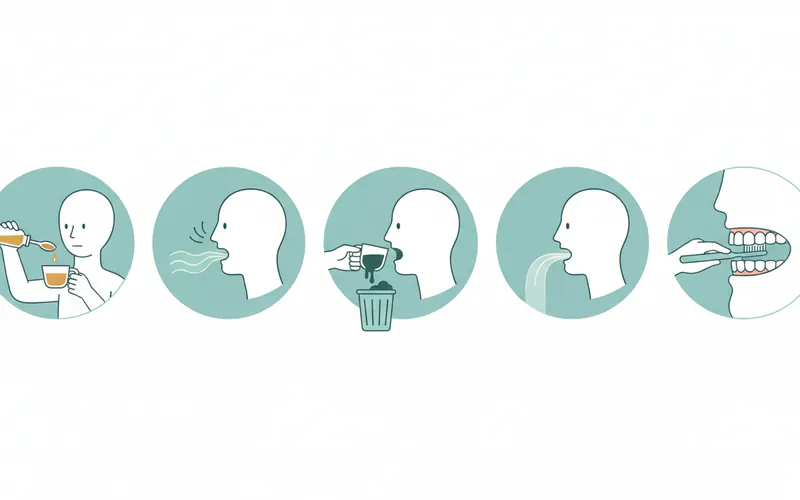 Step-by-step infographic showing a person performing oil pulling: 1. Measuring oil, 2. Swishing gently, 3. Spitting into trash, 4. Rinsing, 5. Brushing.