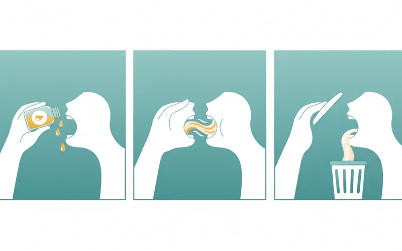 A three-panel comic strip showing the oil pulling process: 1. Person putting oil in mouth, 2. Person gently swishing oil, 3. Person spitting milky white oil into a trash can.