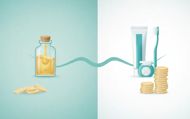 A visually appealing infographic contrasting the monthly cost of oil pulling (small bottle of oil) with the monthly cost of traditional dental hygiene products like fluoride toothpaste and floss.