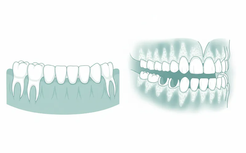 A clear, side-by-side illustration showing a healthy jawbone with strong teeth and gums next to an osteoporotic jawbone exhibiting thinner bone, receding gums, and looser teeth with surrounding inflammation.