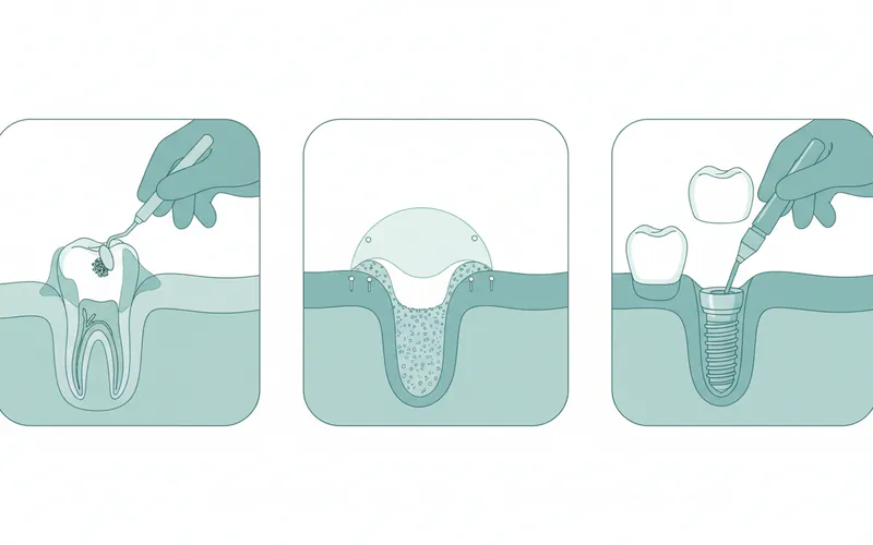 A series of illustrations showing different dental treatment options: 1. A hand performing scaling and root planing on a tooth; 2. A diagram illustrating bone grafting in the jaw; 3. A dental implant being placed into the jawbone.