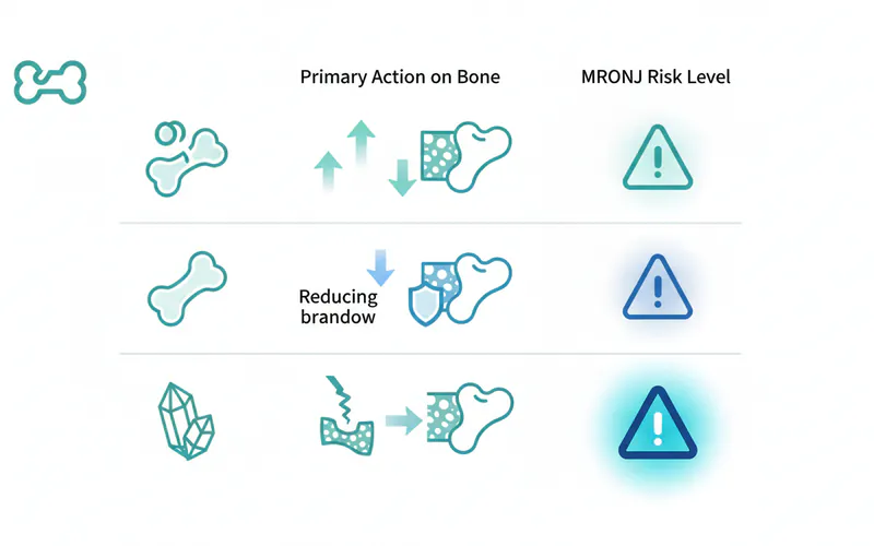 A comparative infographic showing different classes of osteoporosis medications, their primary action on bone, and a visual representation (e.g., a "hazard" icon with varying intensity) of their associated risk level for MRONJ.