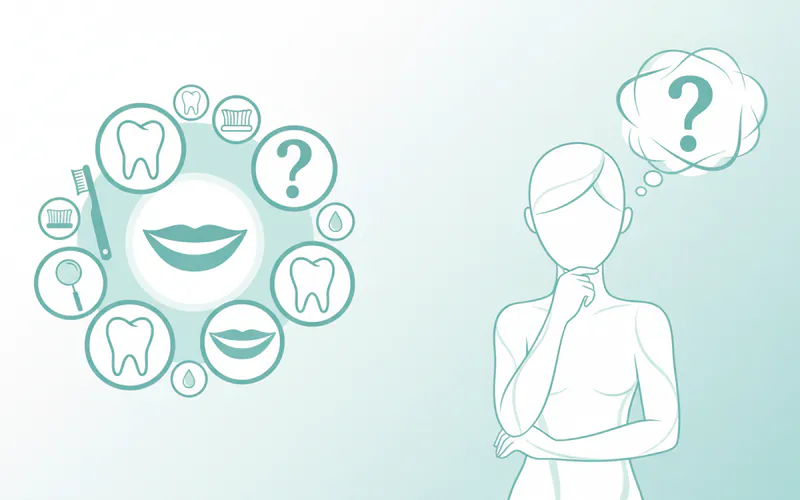 A collage of common FAQ icons with question marks, potentially next to a small illustration of someone thinking or asking a question.