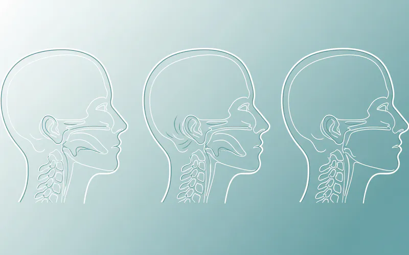 A diagram showing a healthy airway during sleep versus a partially obstructed airway causing snoring and a fully obstructed airway characteristic of obstructive sleep apnea (OSA). Highlight the tongue position and soft palate.