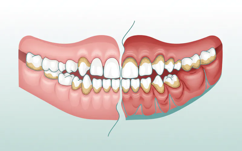 A diagram showing a dog's mouth with healthy teeth and gums on one side, and teeth with plaque, tartar, and inflamed gums on the other side, illustrating the progression of periodontal disease.