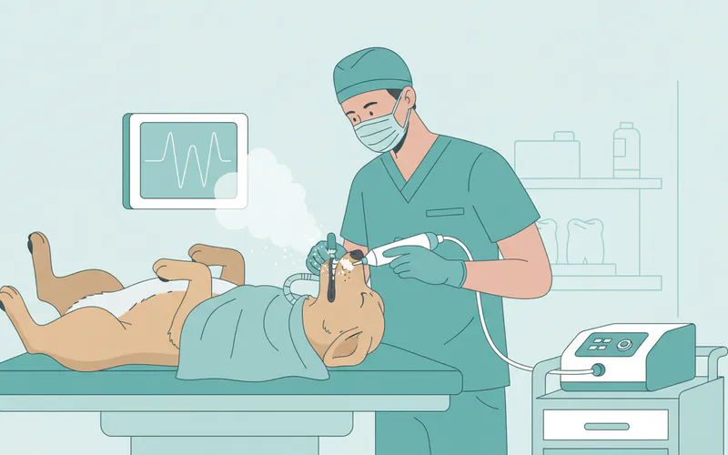 A veterinarian performing a professional dental cleaning on an anesthetized dog, with ultrasonic scaler removing tartar from teeth.