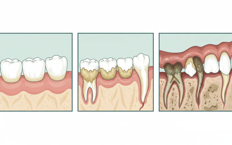 A close-up illustration of a dog's mouth showing different stages of dental disease, from healthy pink gums to red, inflamed gums with tartar buildup, and finally, receding gums with exposed tooth roots and a missing tooth.