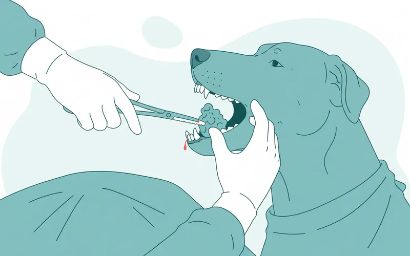 A veterinary surgeon performing a partial mandibulectomy on a dog, showing the removal of a section of the lower jaw with the tumor.