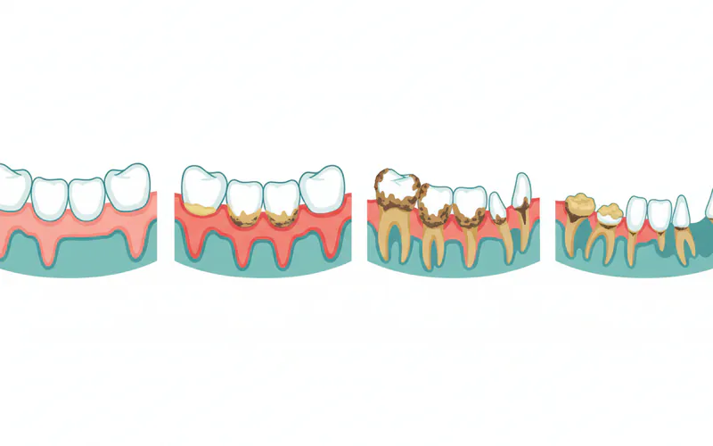 A series of four illustrations showing the progression of periodontal disease in a dog's mouth, from healthy gums to gingivitis (red gums), then to moderate periodontitis (receding gums, visible tartar, exposed roots), and finally severe periodontitis (loose teeth, pus, significant bone loss).