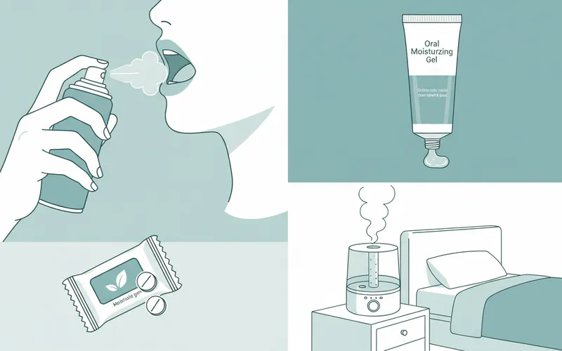 A collage showing various dry mouth relief products: a person using a saliva spray, a tube of oral moisturizing gel, a packet of xylitol gum, and a cool-mist humidifier running next to a bed.