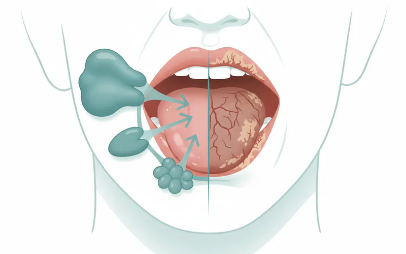 Illustration showing the major salivary glands (parotid, submandibular, sublingual) and arrows indicating saliva flow, contrasted with a depiction of a dry, cracked tongue and chapped lips to represent xerostomia.