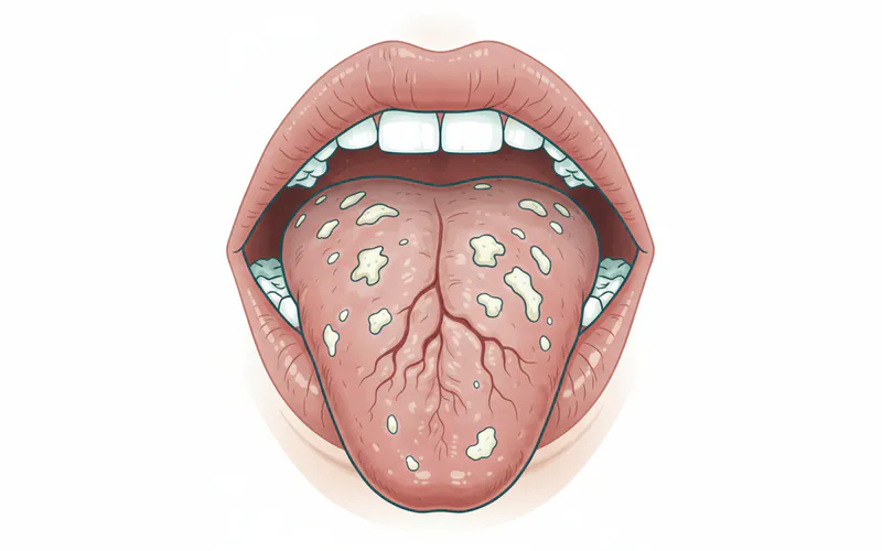 A close-up illustration of a person's mouth showing common dry mouth symptoms: a dry, fissured tongue, cracked lips, red inflamed gums, and small white patches indicating oral candidiasis.