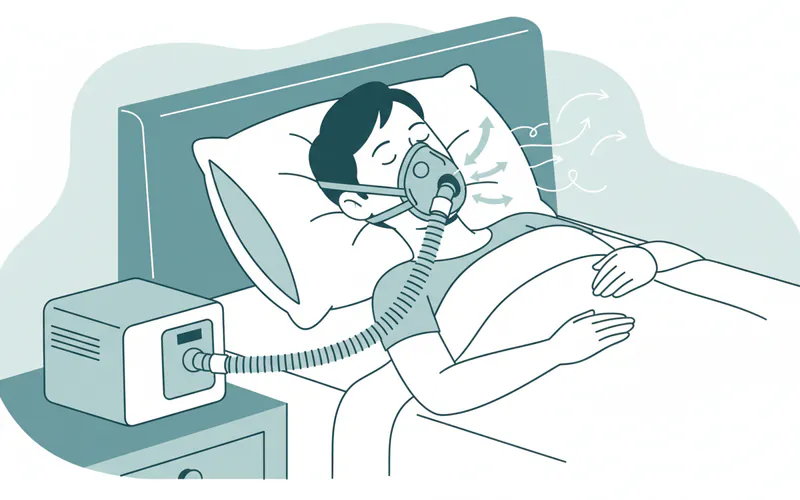 Illustration showing a person sleeping with a CPAP machine and mask, with arrows indicating air flow and a clear representation of air potentially escaping through the mouth, causing dryness.