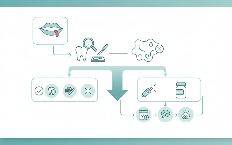 A flowchart illustrating the patient journey from suspecting an oral lesion to diagnosis, treatment, and follow-up care for early stage mouth cancer.