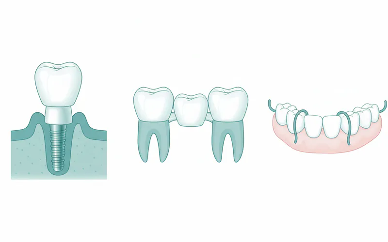 A diagram comparing the structure of a single endosteal implant (implant post, abutment, crown) with a traditional dental bridge (crowns on adjacent teeth, pontic in middle), and a conventional partial denture.