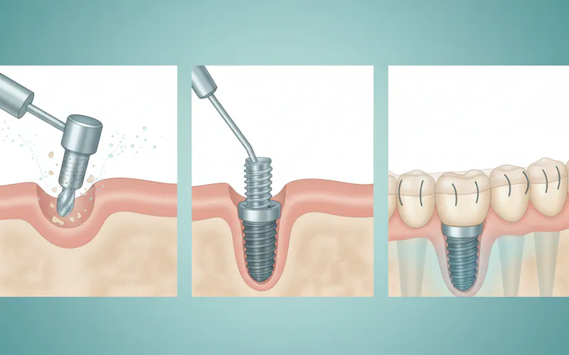 A series of three illustrations showing the endosteal implant placement: 1) drill preparing the bone, 2) implant screw being inserted into the jawbone, 3) gum tissue sutured over the implant for healing.