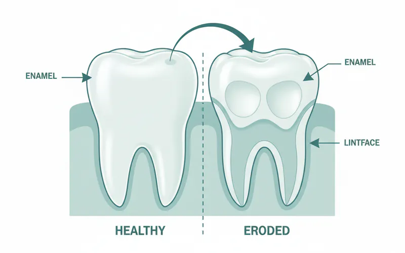 Diagram illustrating cross-section of a tooth, showing enamel and dentin. Arrows point to eroded areas on the chewing surfaces and lingual surfaces, with a comparison to healthy enamel, highlighting common areas of intrinsic vs. extrinsic erosion.