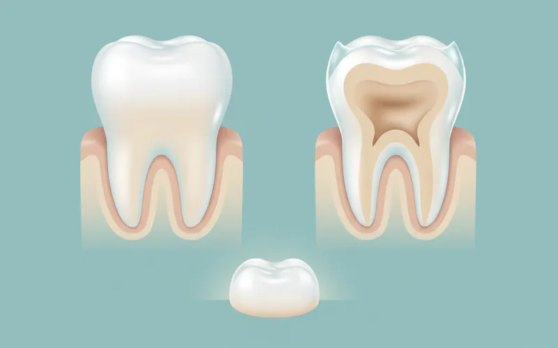 Close-up photo comparison of a healthy molar vs. an eroded molar showing "cupping" on the chewing surface and transparent edges on a front incisor.