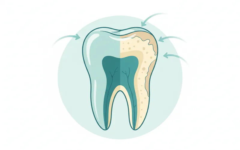 A detailed cross-section diagram of a tooth showing layers of enamel, dentin, and pulp. One side of the tooth should depict healthy enamel, while the other side shows noticeable thinning and surface loss of enamel and some dentin due to erosion, with arrows indicating the acidic attack.