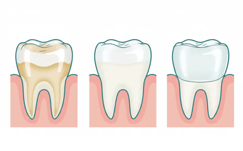 A series of three images showing the progression of dental erosion treatment. Image 1: A close-up of a front tooth with visible erosion and translucency at the incisal edge. Image 2: The tooth lightly prepped for a veneer, showing minimal enamel removal. Image 3: The same tooth after a porcelain veneer has been bonded, showing a restored, healthy appearance.