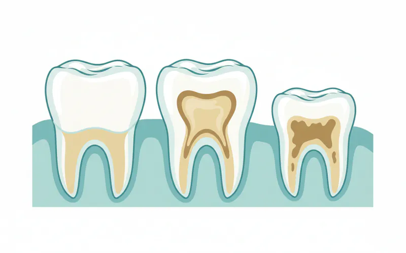 Detailed close-up illustration showing different stages of tooth erosion: mild (slight rounding/transparency), moderate (cupping, visible dentin), severe (significant tooth structure loss, short teeth). Include labels pointing to specific features like "cupping," "translucent edges," "exposed dentin."