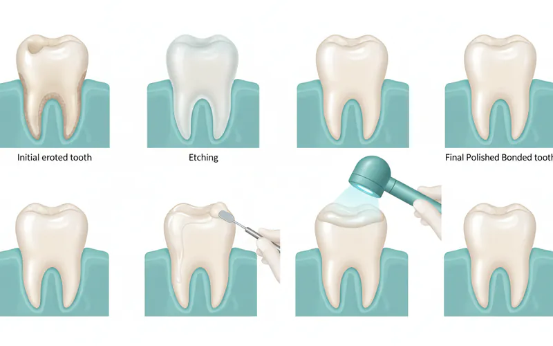 Sequential illustration showing the dental bonding process for an eroded front tooth: 1) Initial eroded tooth, 2) Etching, 3) Bonding agent application, 4) Composite resin application and sculpting, 5) Curing light, 6) Final polished bonded tooth.