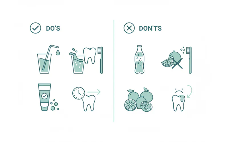 Infographic showing "Do's and Don'ts" for preventing tooth erosion: DO (use straw, rinse with water, wait to brush, fluoride toothpaste) DON'T (sip soda, brush immediately after acid, excessive citrus).