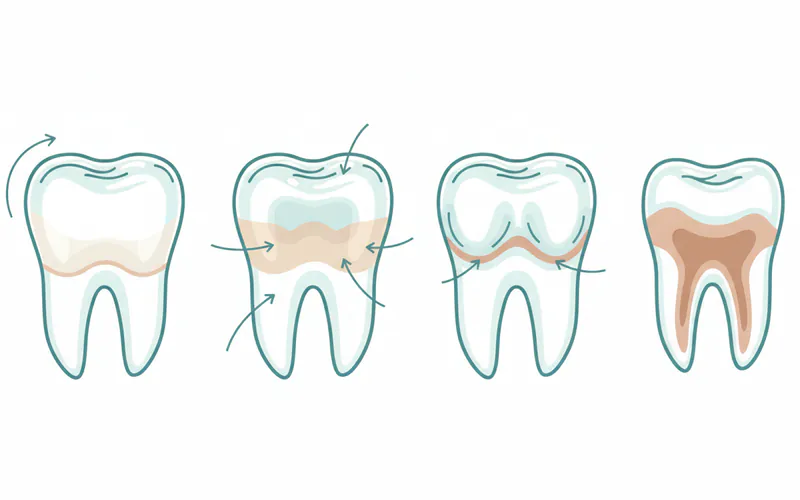 Illustration showing different stages of dental erosion, from early enamel thinning to advanced cupping and exposed dentin, with arrows pointing to specific affected areas like incisal edges and chewing surfaces.