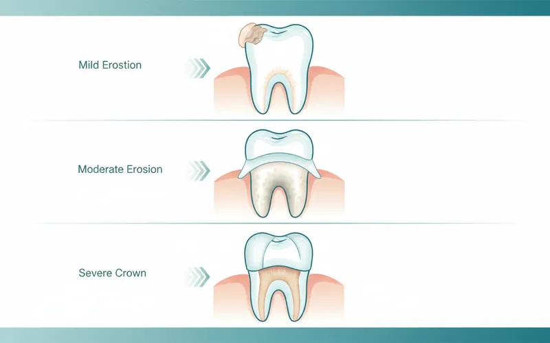 Comparison diagram showing different dental restorations (bonding, veneer, crown) placed on teeth affected by varying degrees of erosion, highlighting which type of restoration is suitable for mild, moderate, and severe cases.