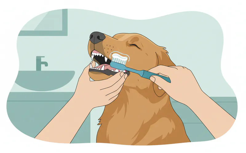 Owner gently brushing a dog's teeth with a dog-specific toothbrush and toothpaste