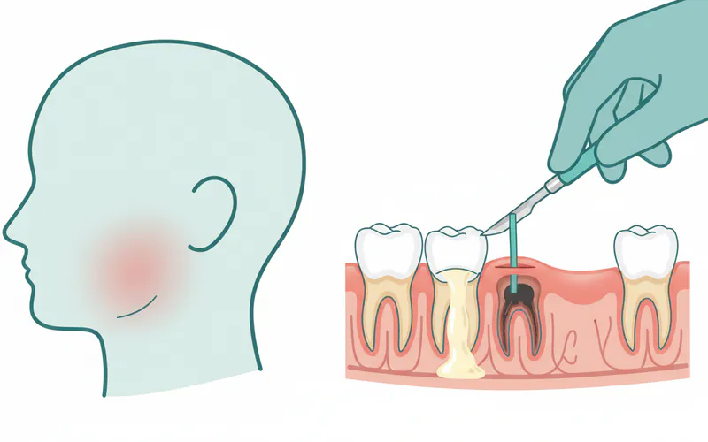 A step-by-step medical illustration showing the process of incision and drainage for a dental abscess with facial swelling. Start with an image of a swollen cheek, then a dentist making a small incision with a scalpel on the gumline near the apex of the infected tooth, followed by pus draining from the incision, and finally a small rubber drain being placed.