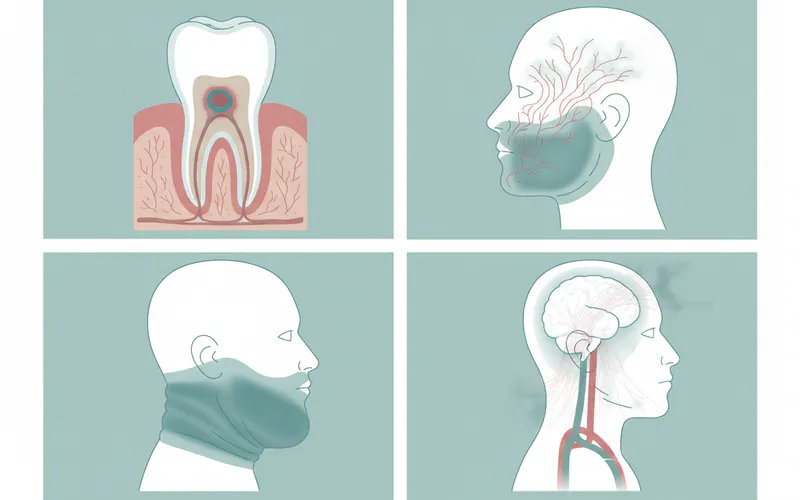 A series of illustrations depicting the spread of a dental infection: 1) A tooth with an abscess, 2) The abscess spreading to facial soft tissues (cellulitis), 3) The infection spreading into the neck and floor of the mouth (Ludwig's Angina) with a visibly swollen neck, and 4) A subtle visual hint towards potential spread to the brain or bloodstream.