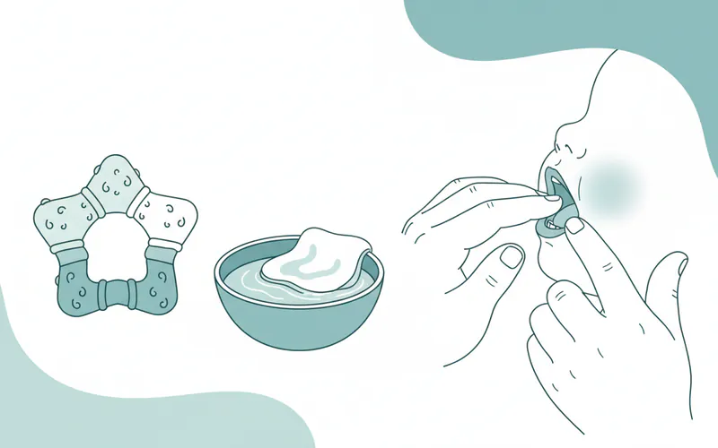A collection of safe teething remedies including a chilled silicone teething ring, a clean wet washcloth, and a parent gently massaging a baby's gums.