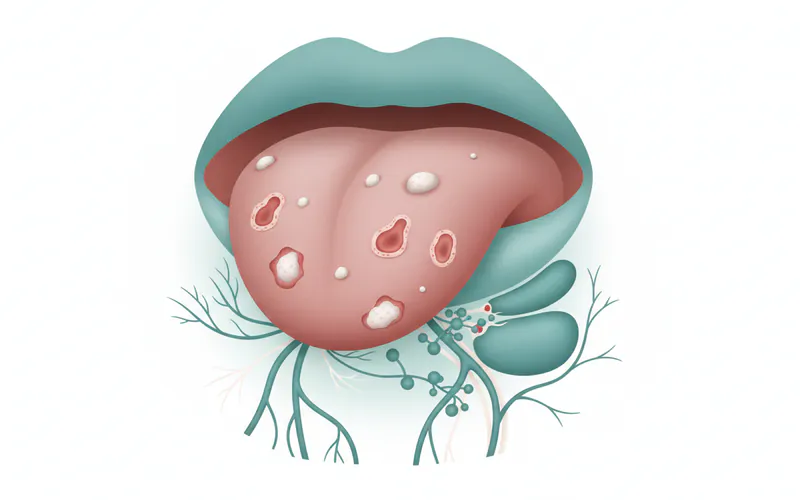 Detailed anatomical illustration of the floor of the mouth, highlighting the area under the tongue with common locations of cancer lesions (red or white patches, ulcers, lumps) and nearby structures like salivary glands, nerves, and lymphatic drainage pathways.