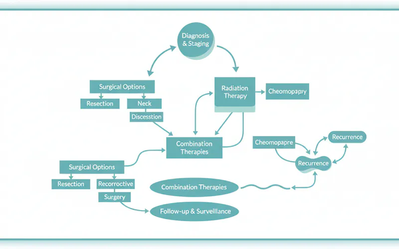 A flowchart illustrating the typical decision-making process for floor of mouth cancer treatment, starting from diagnosis and staging, then branching into surgical options, radiation, chemotherapy, and combination therapies, including follow-up and reconstructive surgery steps.