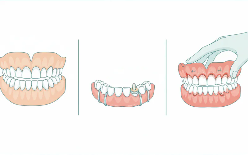 A diagram showing the difference between a conventional full denture, a partial denture with metal clasps, and an immediate denture being placed over a healing gum line.