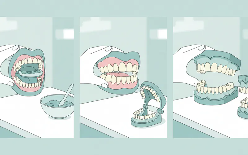 A step-by-step visual representation of the denture creation process: 1) Taking impressions, 2) Wax try-in, 3) Final denture delivery.