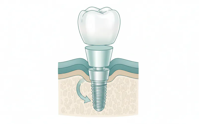 A diagram showing the three main components of a dental implant: the titanium post, the abutment, and the custom crown, with an arrow indicating osseointegration into the jawbone.