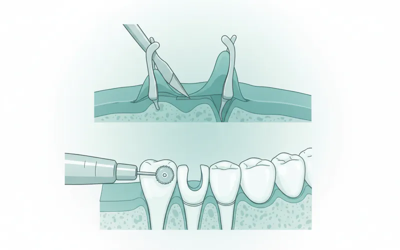 A series of three illustrations showing the implant placement surgery stages: 1) incision and bone exposure, 2) drilling and implant insertion, 3) gum closure over the implant.