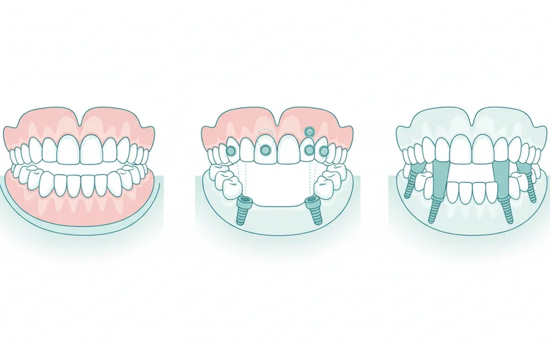 A diagram showing the difference between a traditional denture, a removable implant-supported overdenture (with 2-4 implants and attachment points), and a fixed All-on-4 system (showing 4 angled implants supporting a full arch bridge).