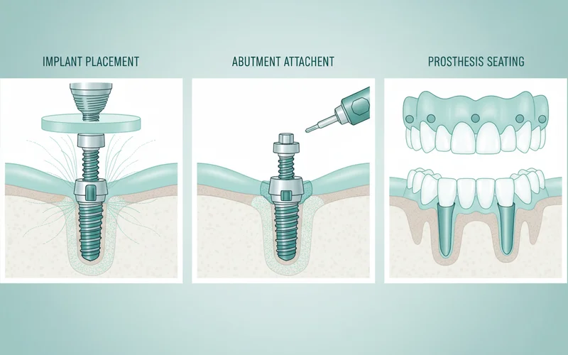 A step-by-step illustration showing the surgical placement of dental implants into the jawbone, followed by the attachment of abutments, and finally a full arch prosthesis being seated. Emphasize the integration of the screw-like implant into the bone.