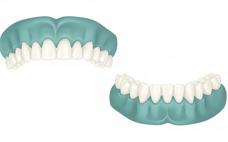 A clear illustration showing a top and bottom set of conventional full dentures, highlighting the gum-colored base and the artificial teeth.